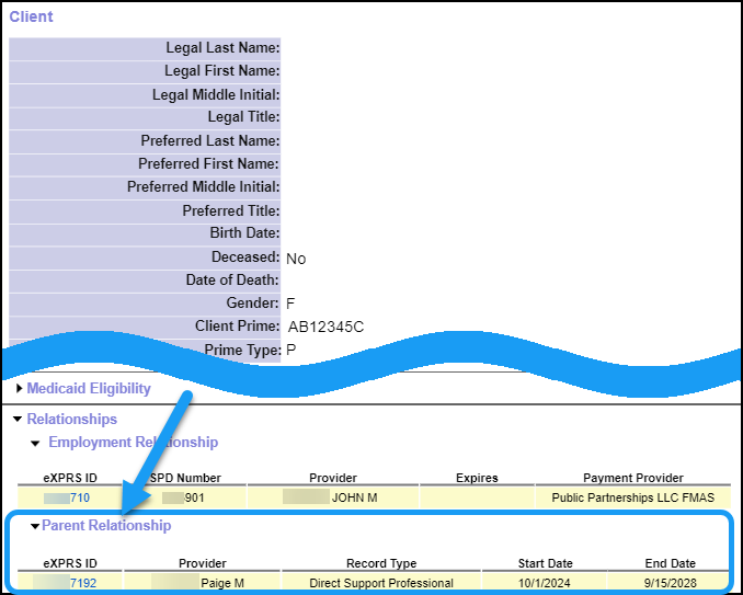 Screenshot of the View Client Page, Relationship Section highlighted