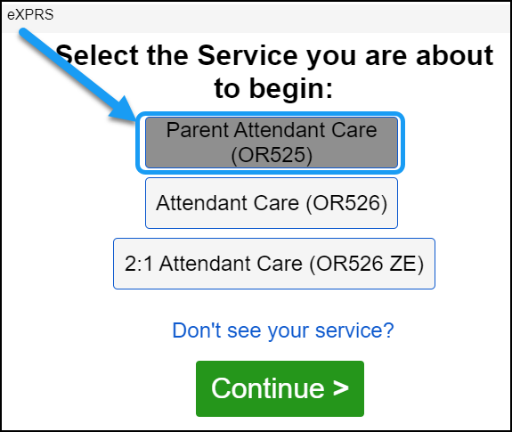 Screenshot of the Select the Service Page on eXPRS Mobile-EVV, showing the new OR525 Attendant Care Authorization