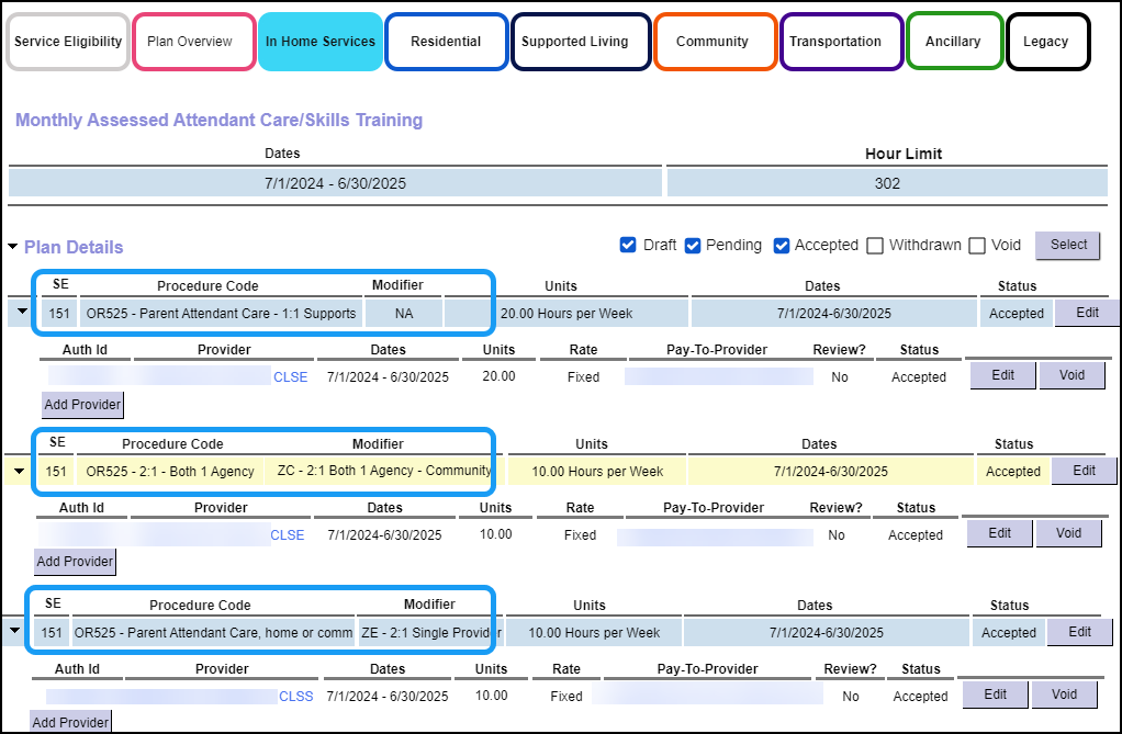 Screenshot of the Plan of Care page, In-home Services Tab showing the new OR525 Procedure Code