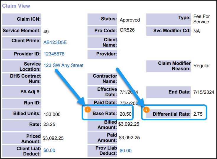 Screenshot of the Claim View Page showing the new sections for Base Rate and Differential Rates for PSWs