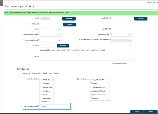 Document upload for TA-DVS cases being prevented by 'Written language ...