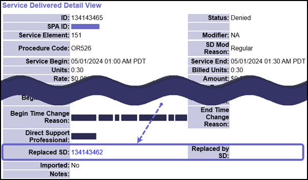 The Service Delivered Detail View page opened showing two new fields highlights - Replaced SD and Replaced By SD