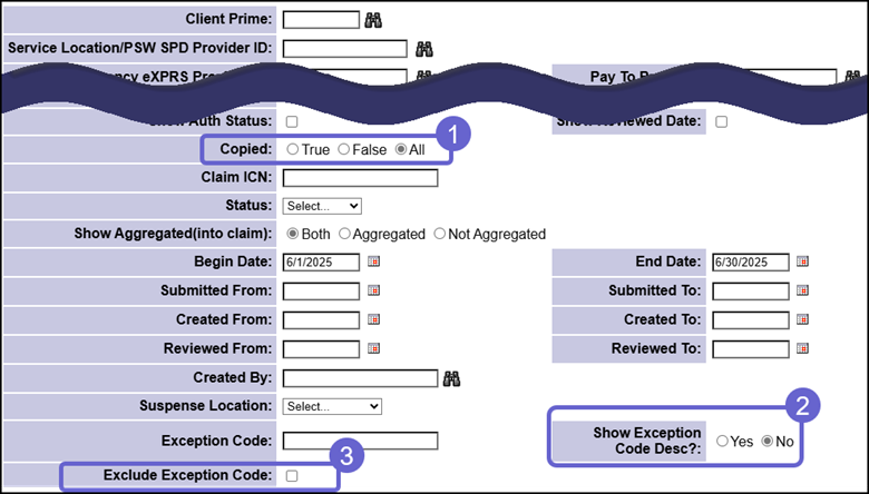 A Screenshot of the SD Search page with three new fields highlighted and numbered