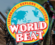 Celebrate Explore Culture World Beat in red with yellow circle around blue globe