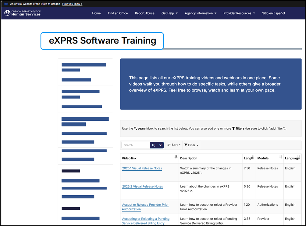 The eXPRS Software Training showing the interface, as well as the list of searchable video content. The title of the webpage is magnified.