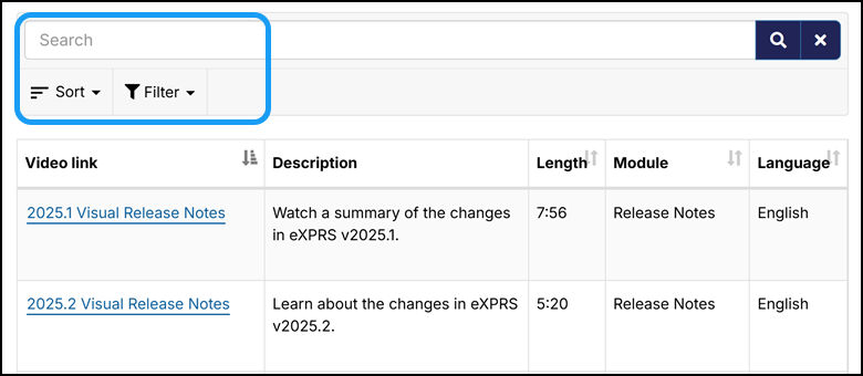 The interface for searching the video content displays. A blue box is highlighted showing the ability to search by Keyword, sort items, and filter.