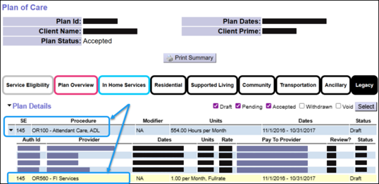 The Plan of Care > Legacy Tab showing two discontinued services. OR100 and OR560.