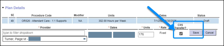 A user entering a Service Prior Authorization for an individual. The CIIS Transfer Checkbox appears, and it is highlighted.