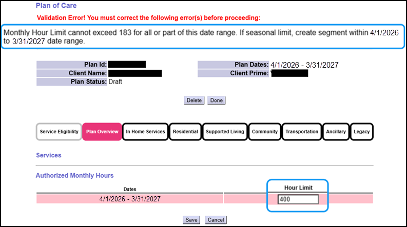 A Screenshot of the showing the message that appars when the user attempts to enter an hour limit that is greater than the individual's Service Group.