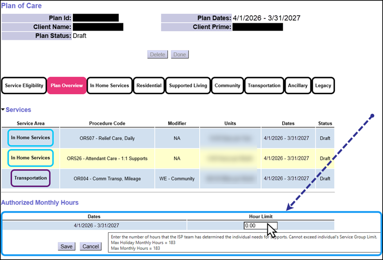 A Screenshot of the Authorized Monthly Hours Field. An instructional message shows the maximum hours available for entry into the field.