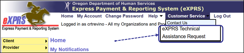The eXPRS Desktop with the Technical Assistance Request option highlighted.