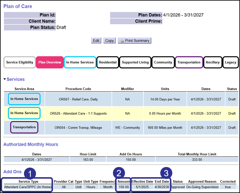 The Plan Overview Tab with three fields in the Add Ons Section highlighted: Service Type, Amount, Effective/End Date