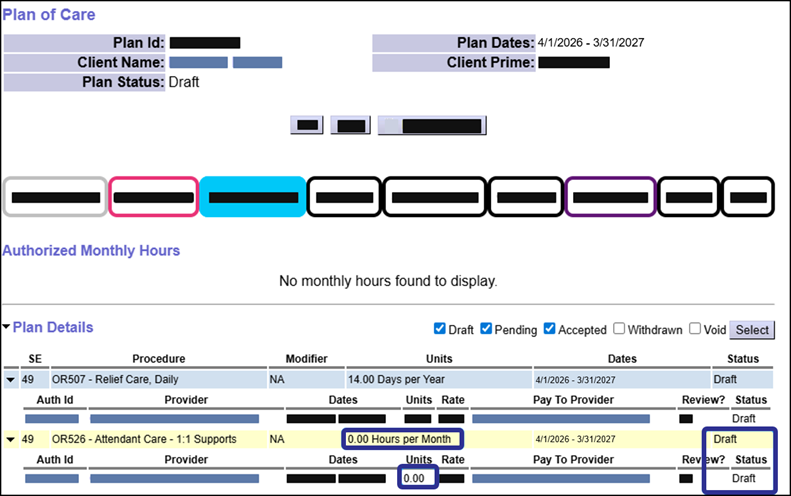 The Hour Limits on the Plan Lines and Service Prior Authorizations on a copied Plan are set to zero.