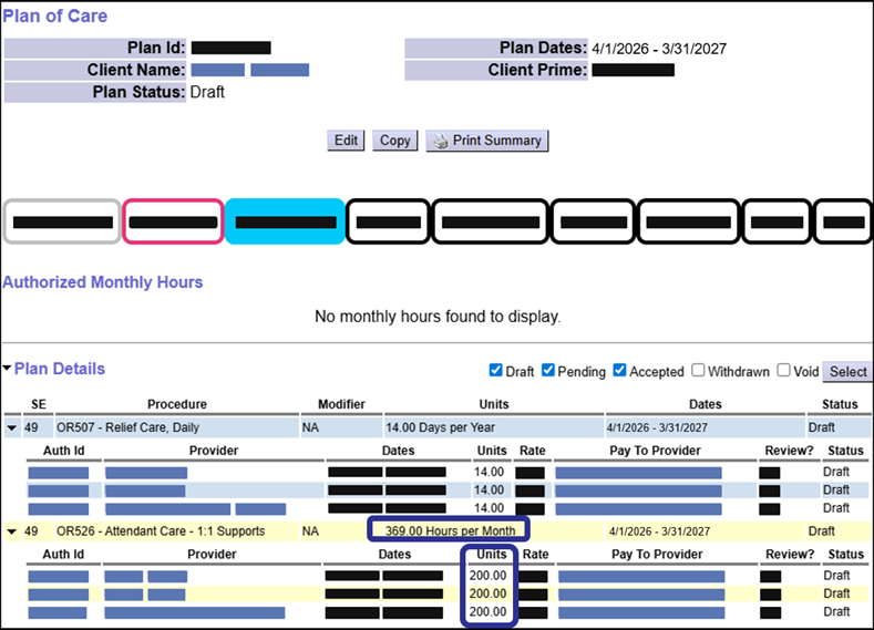 A copied Plan starting on April 1st, 2026. The Hour Limits on the Plan Lines and Service Prior Authorizations copied over.