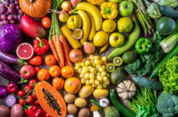 fruits and vegetables in a color rainbow