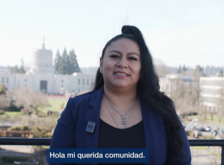 Marlen Torres speaks in front of the Oregon State Capitol building