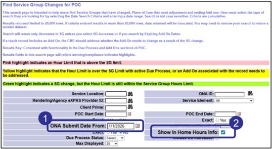 The View Change in Service Group Report with different criteria entered.