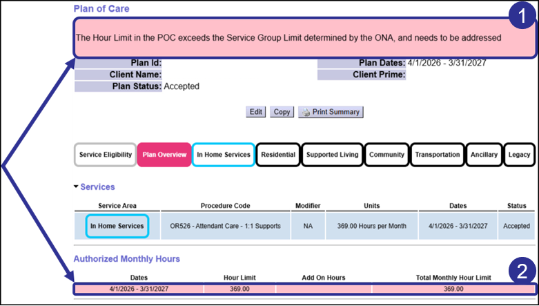 The Plan of Care displaying a Bright Pink alert message and a Bright Pink Highlight for an Hour Limit that exceeds the Service Group Limit.
