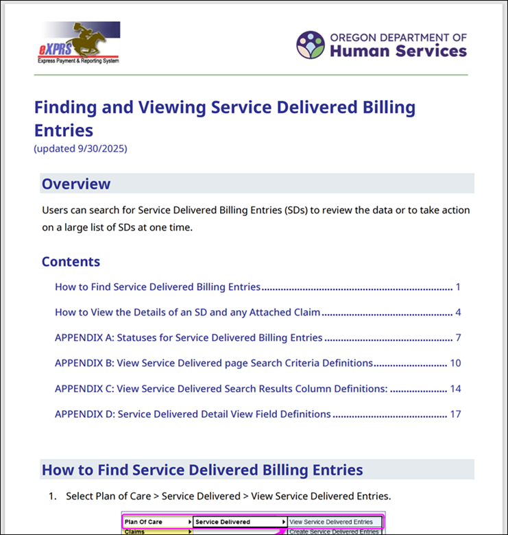 A help guide showing the new styles. Headings, eXPRS and ODHS logos, and a table of contents displays.