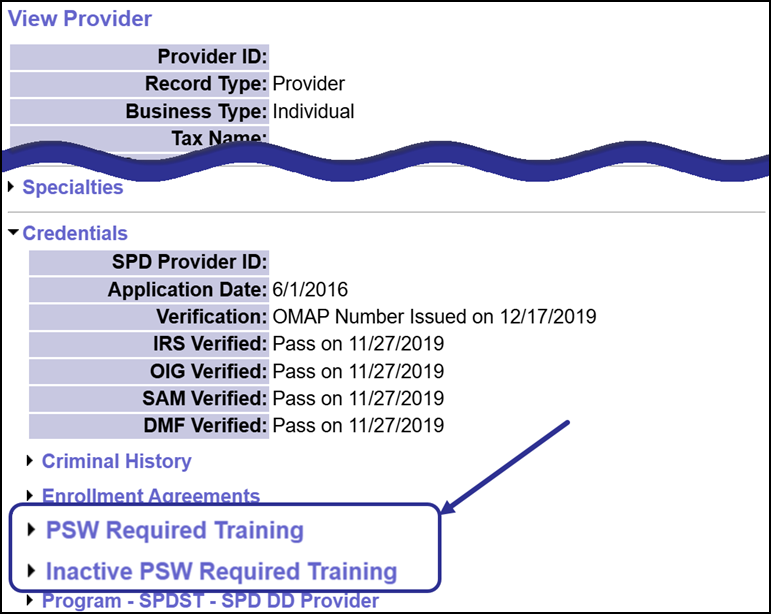 The View Provider Page showing the new PSW Required Training and Inactive PSW Required Training Sections