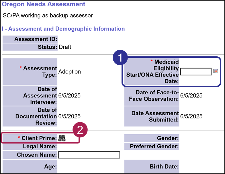 A blank Adoption ONA with the Medicaid Eligibility Start ONA Effective Date field and the Client Prime Fields highlighted