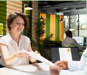 smiling woman with paper at workplace