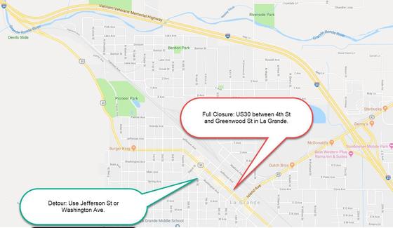 Detour map for Oct. 31 closure of Adams Ave. (US30) in La Grande 