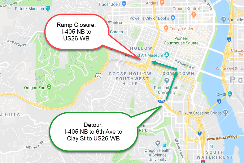 Map of I-405 NB to US26 WB Ramp Closure