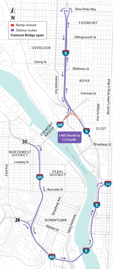 Detour map of I-405 North to I-5 South