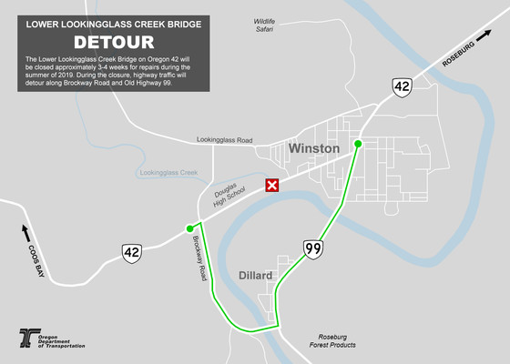 Detour for Lower Lookingglass Creek Bridge project