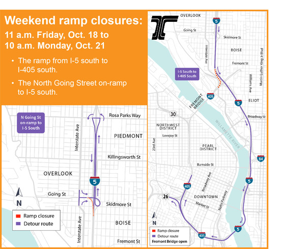 I-5 south to I-405 south ramp and Going Street on-ramp to I-5 south closed
