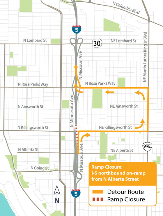 Detour route for I-5 southbound on-ramp from N Alberta Street