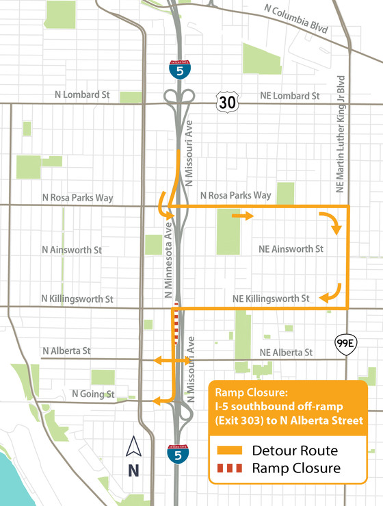 Detour route map for I-5 southbound off-ramp to N Alberta Street