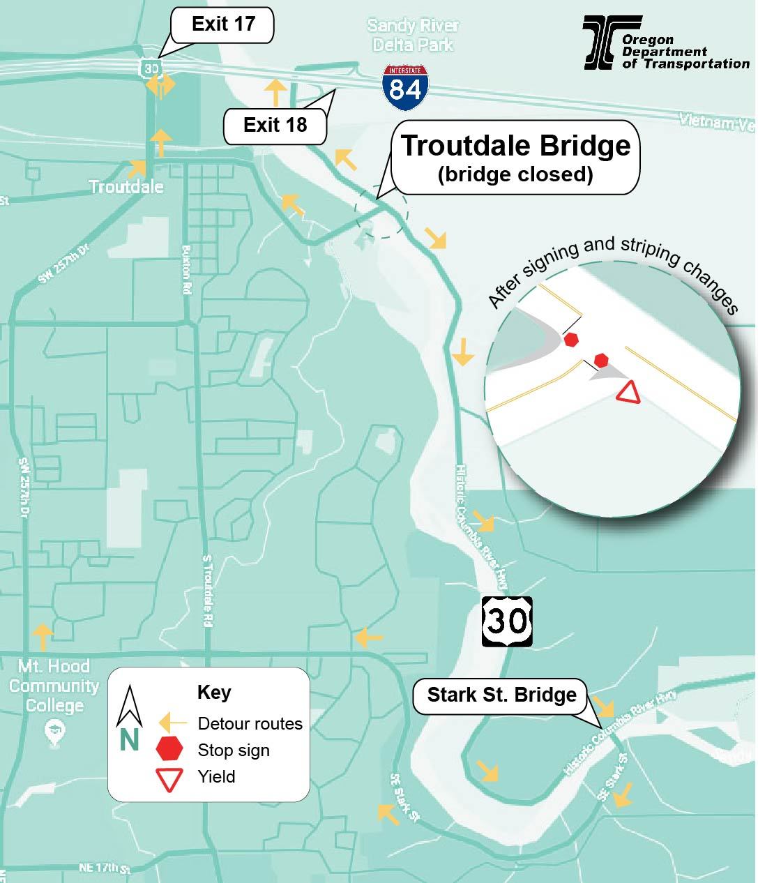 The bridge crosses the Sandy River near downtown Troutdale.