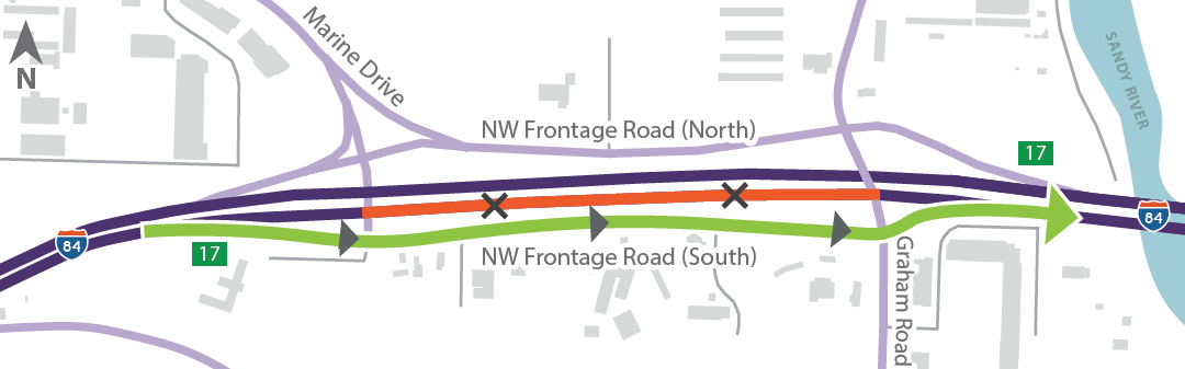 Detour map showing I-84 eastbound closure.