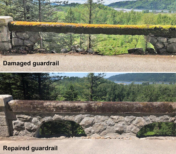 Stone guardrail shown damaged and repaired