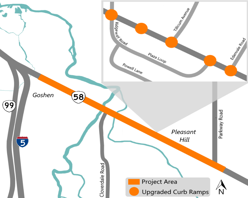 Map of OR 58 between Goshen and Pleasant Hill identifying construction locations