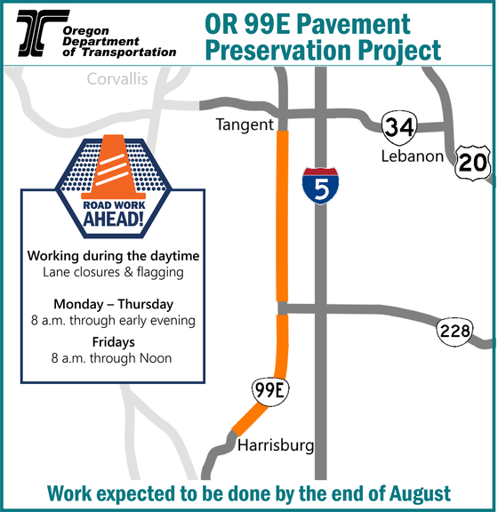 Map of OR 99E between Tangent and Harrisburg