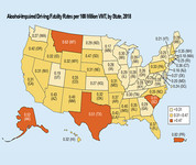 Map of the United States; alcohol impaired driving fatality rates per 100 million VMT by state in 2018