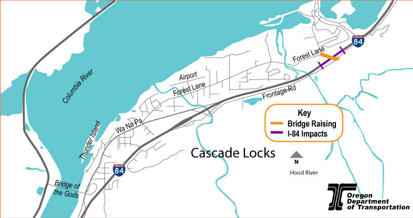 The project occurs in Cascade Locks where Forest Lane crosses over I-84.