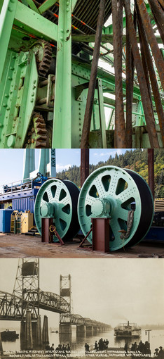 A view of the gears and cables; the new sheaves; a historic view of the bridge.