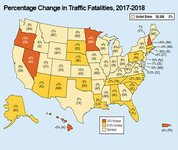 Map of the U.S.: Percentage Change in Traffic Fatalities, 2017-2018