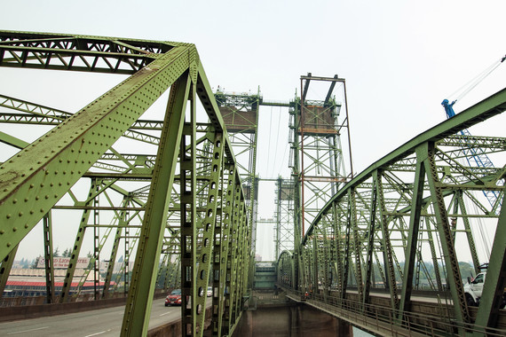 Both spans of the bridge, looking at towers.