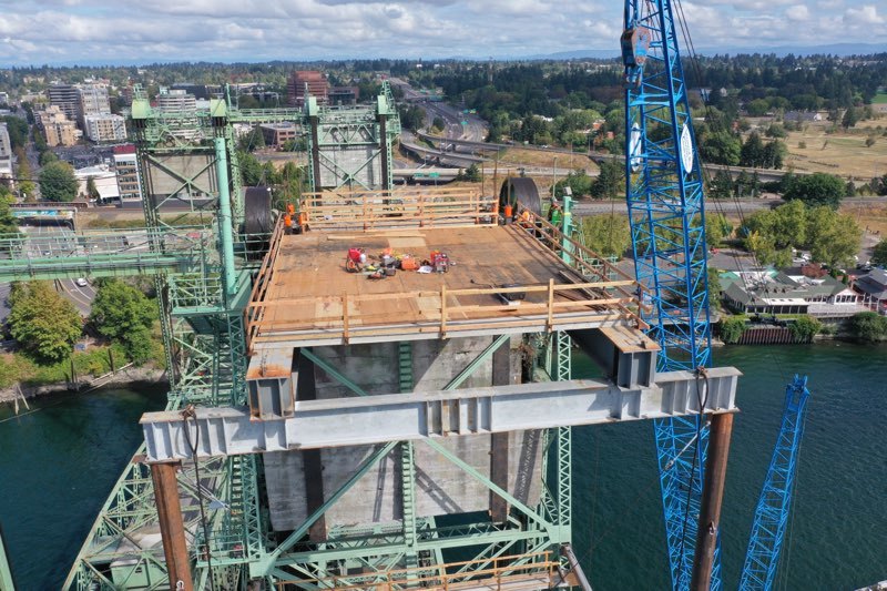 An aerial view of the top of the bridge.