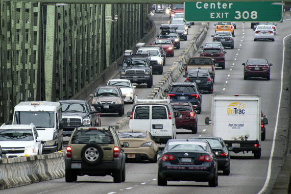 Vehicles crossing the Interstate Bridge in the traffic configuration. 