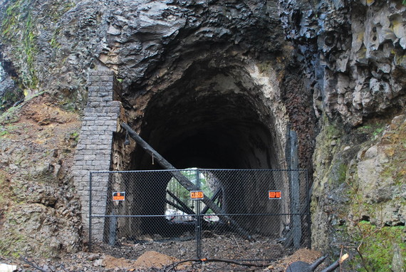 Tunnel with wooden lining damaged after the Eagle Creek Fire.