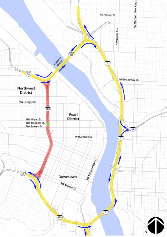 I-405 is closed between the Fremont Bridge and U.S. 26. Detour using I-5. 