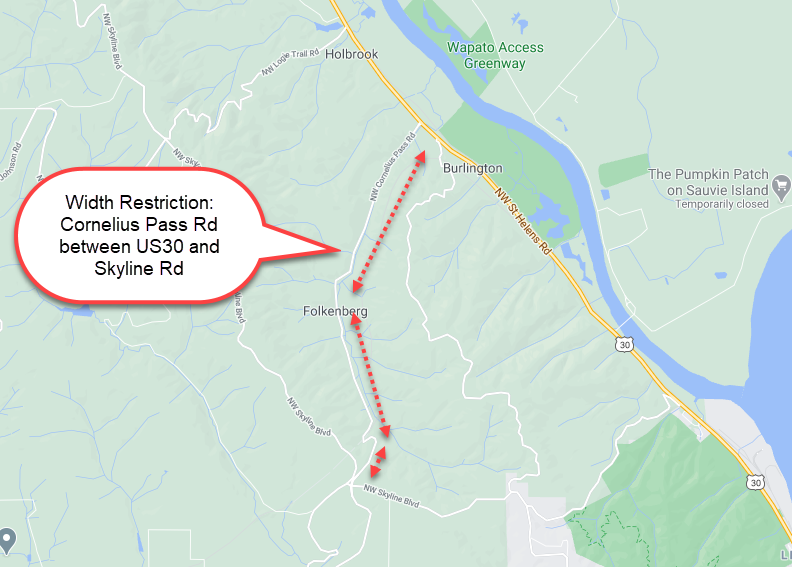 Update Width Restriction Cornelius Pass Rd/OR127 between US30 and
