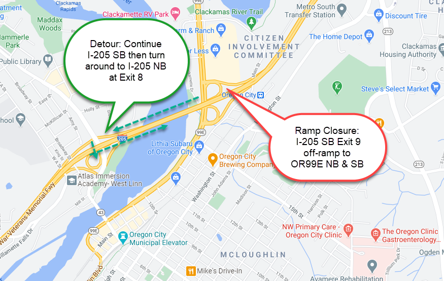 I-205 SB Exit 9 off-ramp to OR99E NB & SB