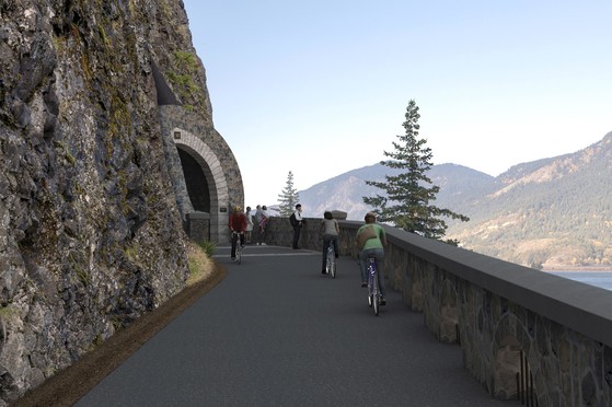 Rendering of new tunnel with stone railing and arched entry. Cyclists ride in. 